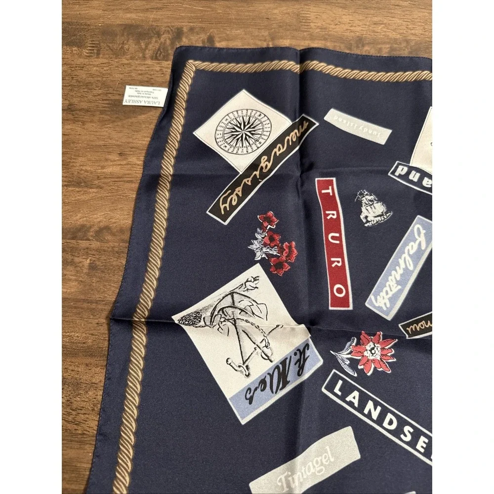 Laura Ashley Women's Silk Scarf Blue Postcard Travel Theme Cornwall‎ England